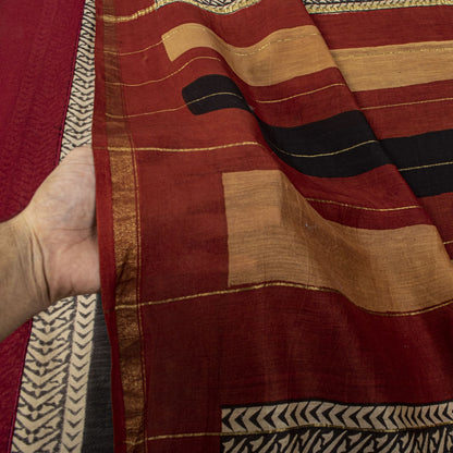 Sanskriti Vintage Chanderi Zari Woven-Hand Block Saree Black Cotton Silk Sari
