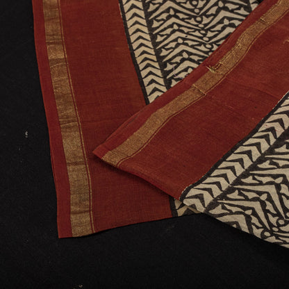 Sanskriti Vintage Chanderi Zari Woven-Hand Block Saree Black Cotton Silk Sari