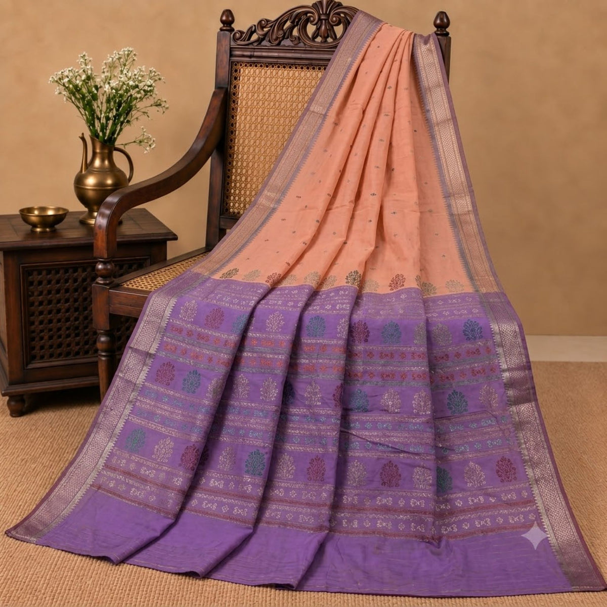 Sanskriti Vintage Odisha Hand Woven Zari Art Silk Saree Peach-Purple Sari Fabric