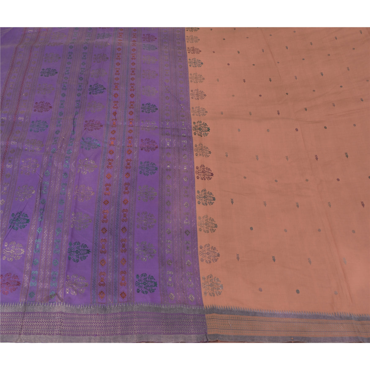 Sanskriti Vintage Odisha Hand Woven Zari Art Silk Saree Peach-Purple Sari Fabric