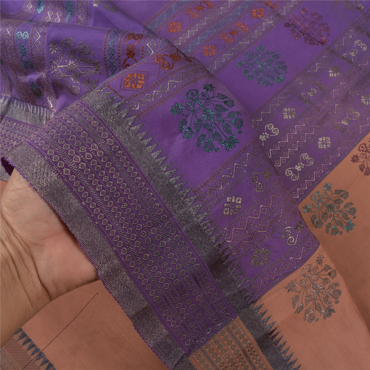 Sanskriti Vintage Odisha Hand Woven Zari Art Silk Saree Peach-Purple Sari Fabric