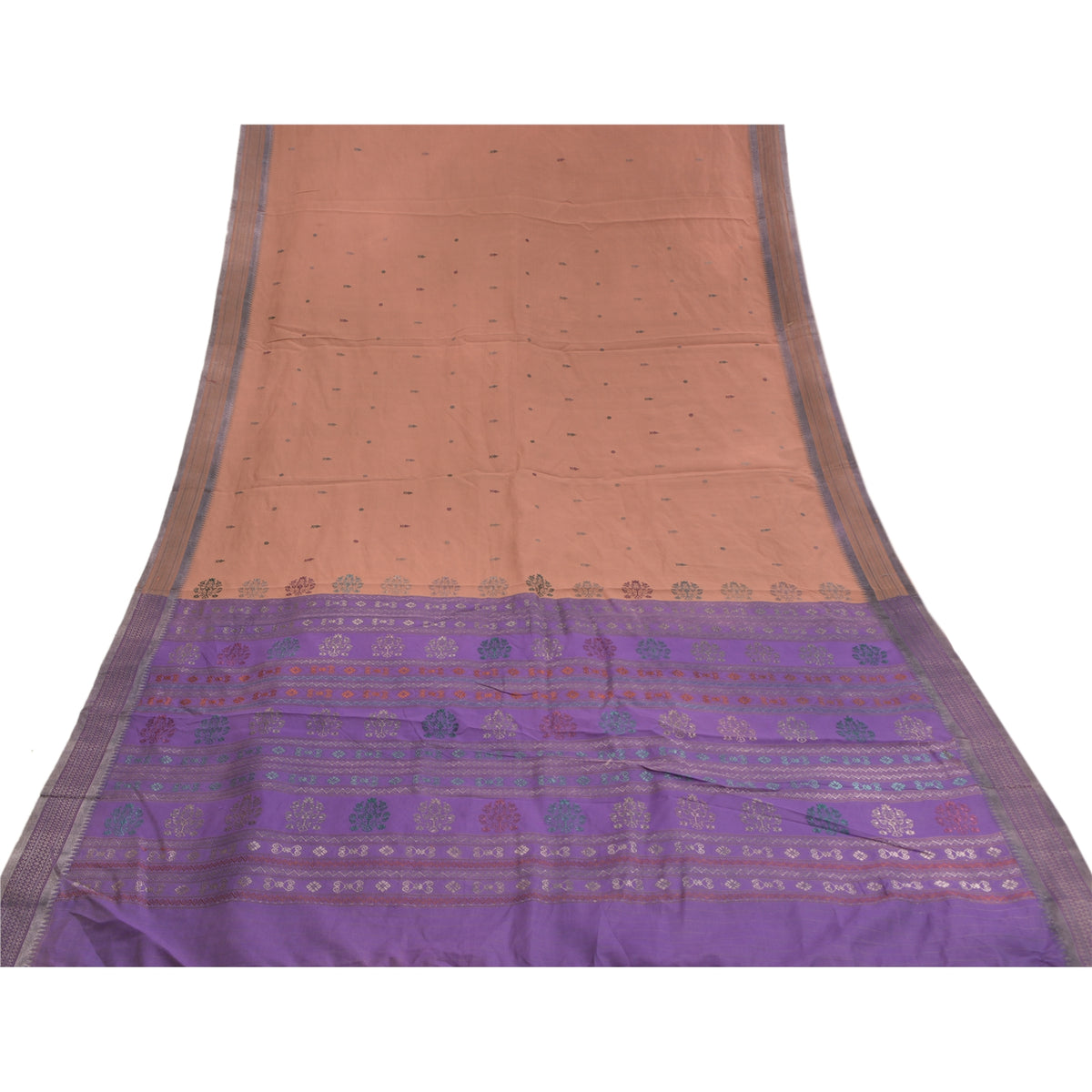 Sanskriti Vintage Odisha Hand Woven Zari Art Silk Saree Peach-Purple Sari Fabric