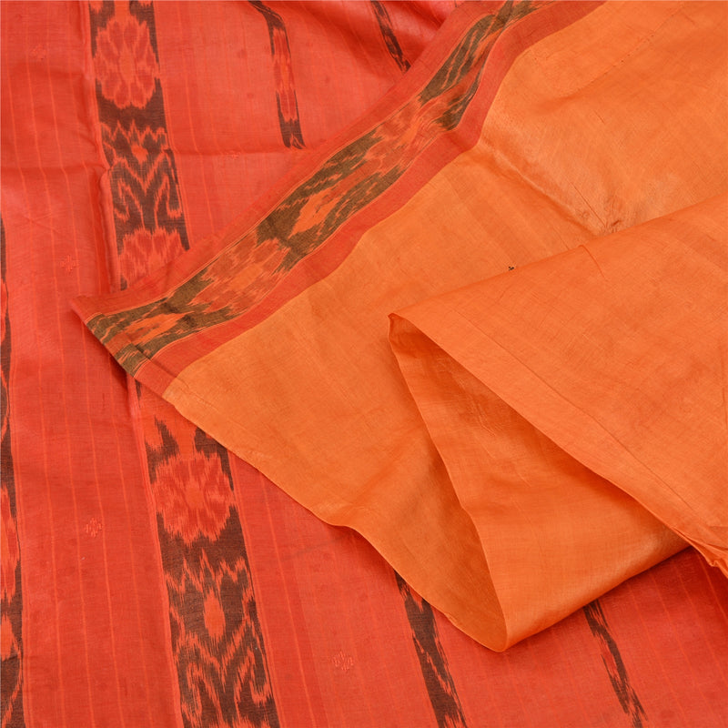 Sanskriti Vintage Orange Sambalpuri Ikat Sarees Hand-Woven Pure Silk Sari Fabric