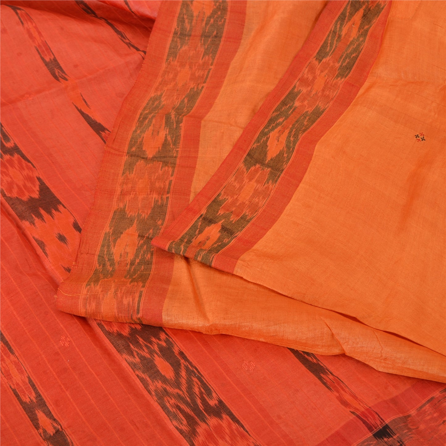 Sanskriti Vintage Orange Sambalpuri Ikat Sarees Hand-Woven Pure Silk Sari Fabric