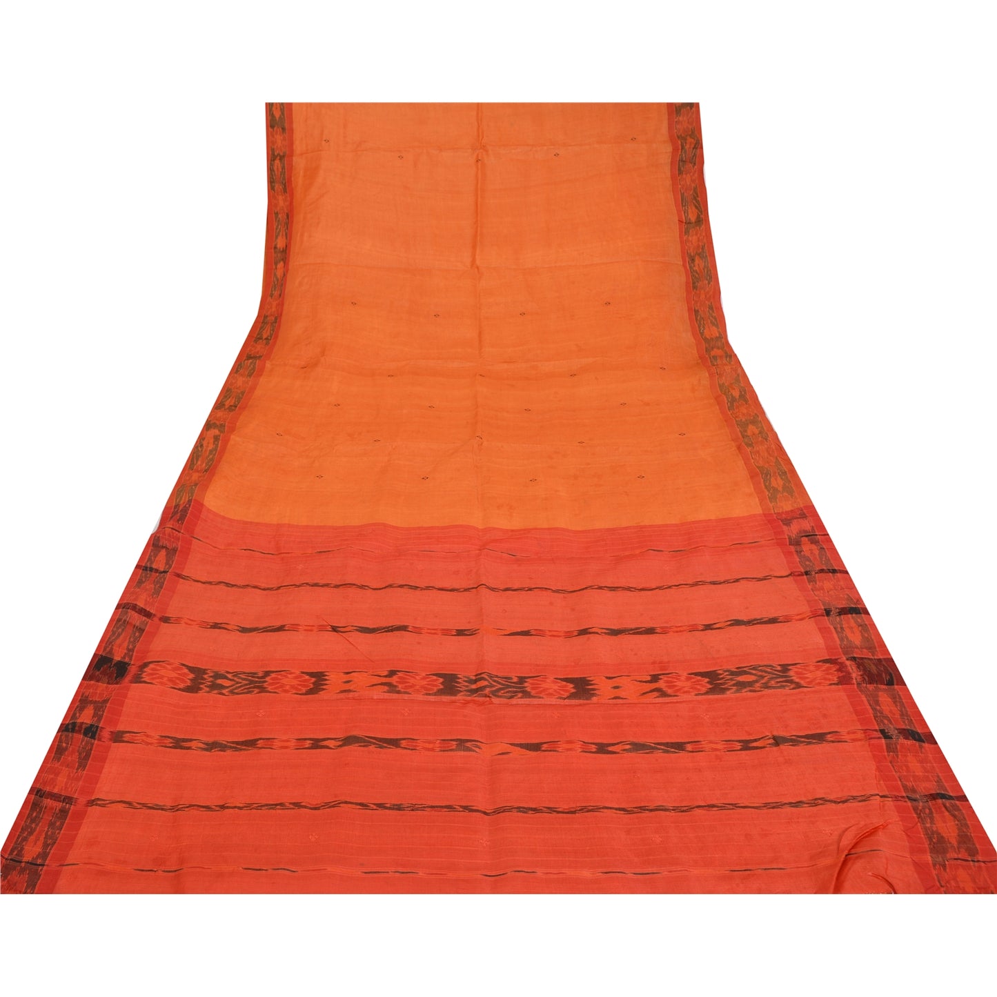Sanskriti Vintage Orange Sambalpuri Ikat Sarees Hand-Woven Pure Silk Sari Fabric
