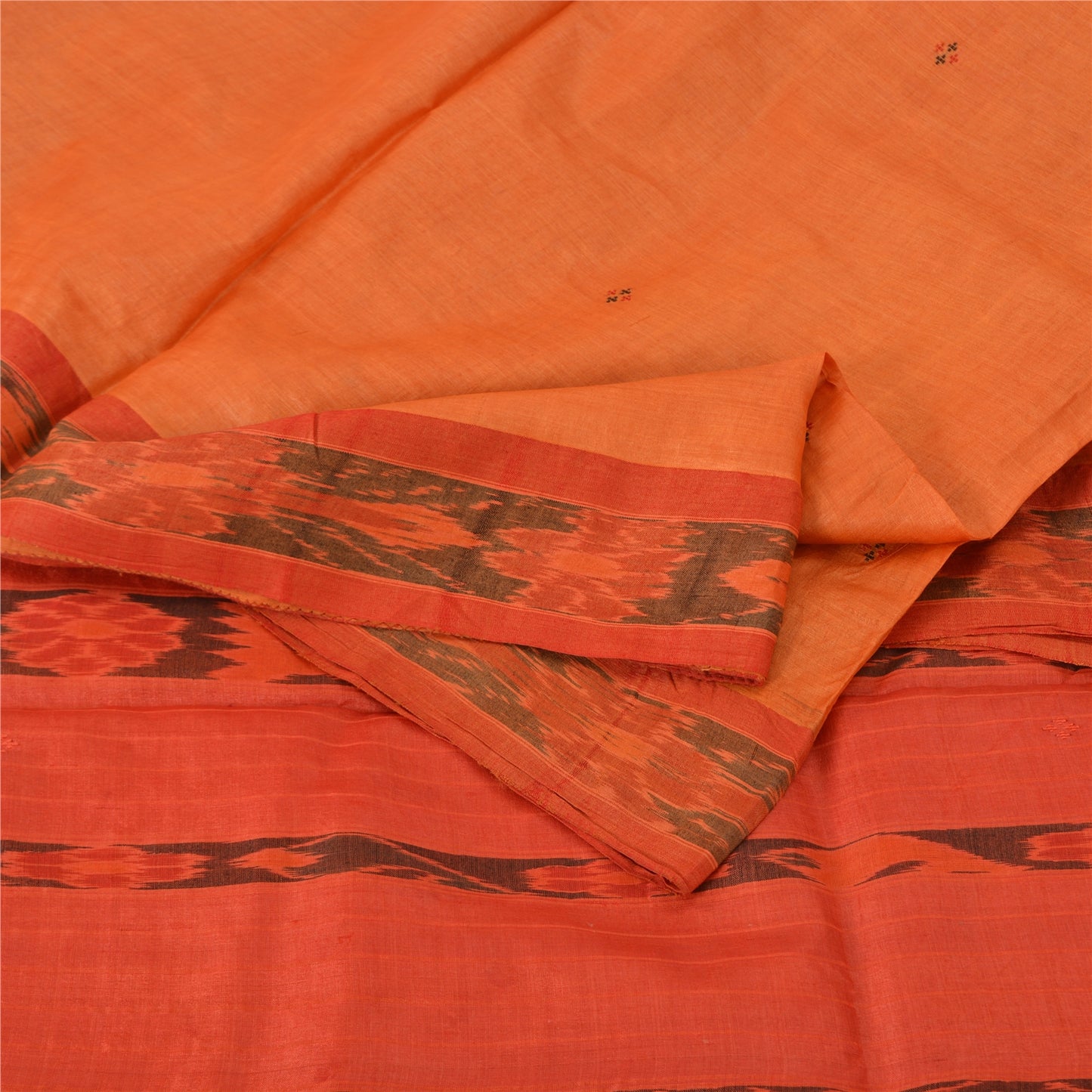 Sanskriti Vintage Orange Sambalpuri Ikat Sarees Hand-Woven Pure Silk Sari Fabric