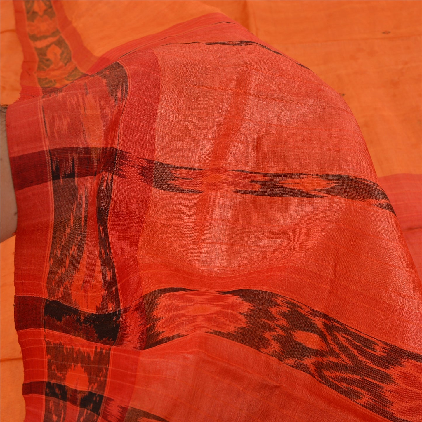 Sanskriti Vintage Orange Sambalpuri Ikat Sarees Hand-Woven Pure Silk Sari Fabric