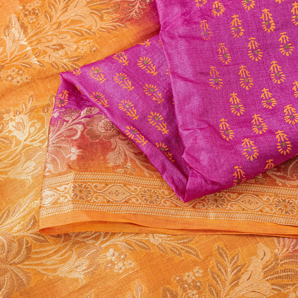 Sanskriti Vintage Pink-Orange Pure Silk Sarees Handblock Print Woven Sari Fabric