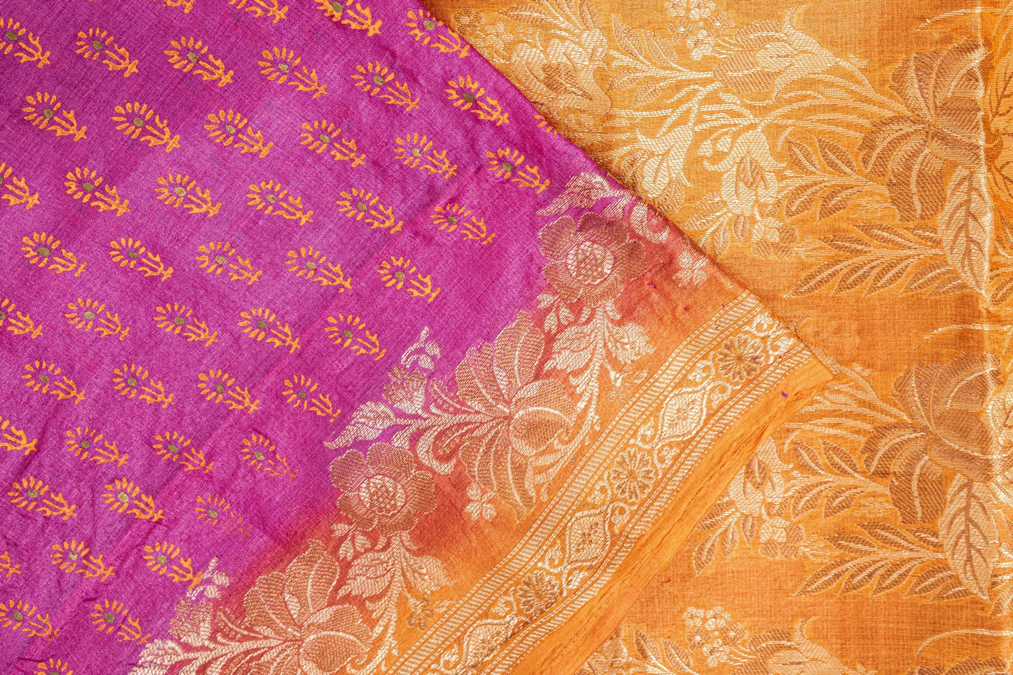 Sanskriti Vintage Pink-Orange Pure Silk Sarees Handblock Print Woven Sari Fabric