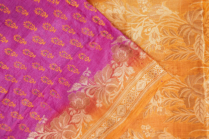 Sanskriti Vintage Pink-Orange Pure Silk Sarees Handblock Print Woven Sari Fabric