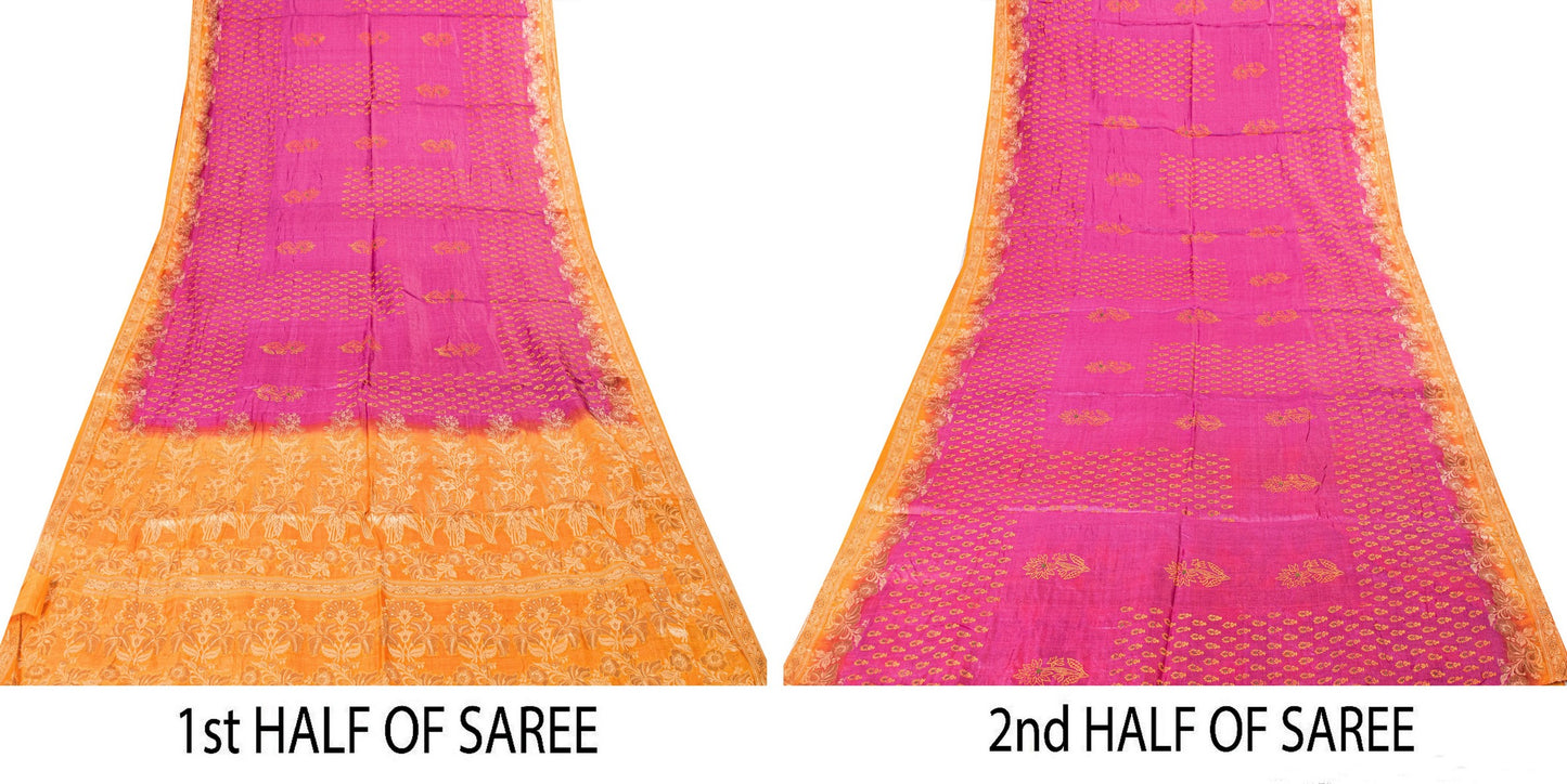 Sanskriti Vintage Pink-Orange Pure Silk Sarees Handblock Print Woven Sari Fabric