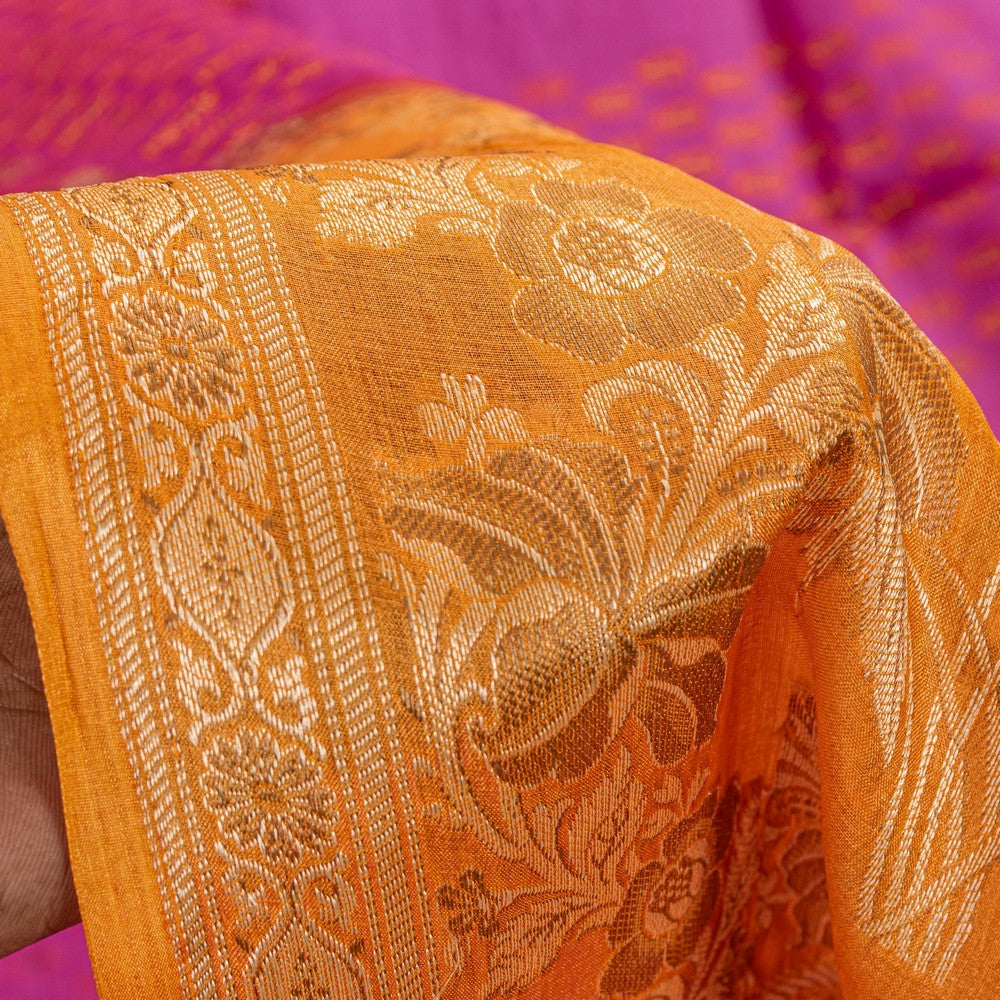Sanskriti Vintage Pink-Orange Pure Silk Sarees Handblock Print Woven Sari Fabric