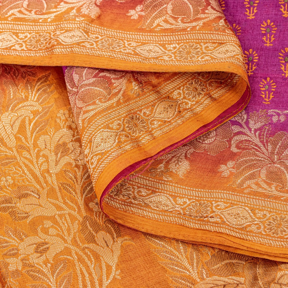 Sanskriti Vintage Pink-Orange Pure Silk Sarees Handblock Print Woven Sari Fabric