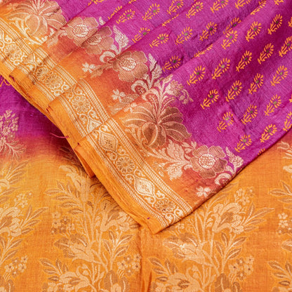 Sanskriti Vintage Pink-Orange Pure Silk Sarees Handblock Print Woven Sari Fabric
