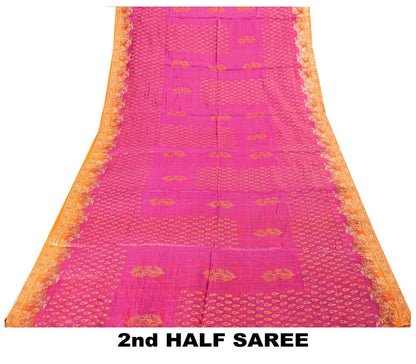 Sanskriti Vintage Pink-Orange Pure Silk Sarees Handblock Print Woven Sari Fabric