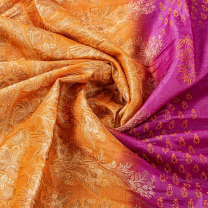 Sanskriti Vintage Pink-Orange Pure Silk Sarees Handblock Print Woven Sari Fabric