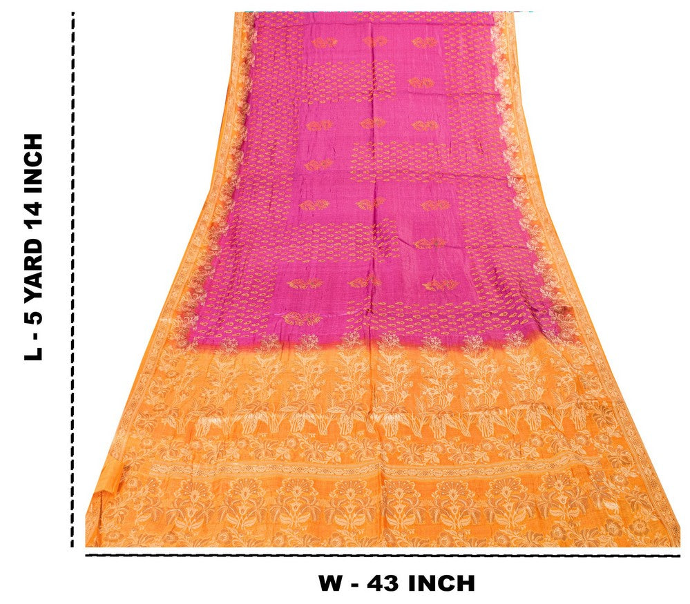 Sanskriti Vintage Pink-Orange Pure Silk Sarees Handblock Print Woven Sari Fabric