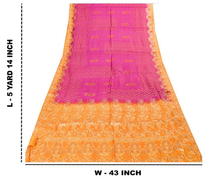 Sanskriti Vintage Pink-Orange Pure Silk Sarees Handblock Print Woven Sari Fabric