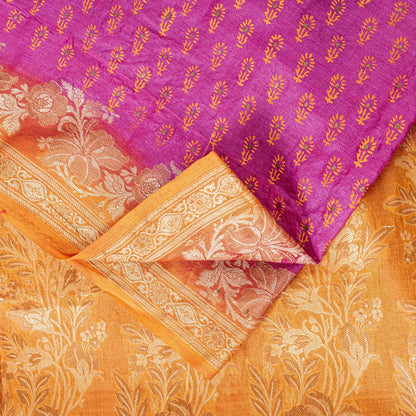Sanskriti Vintage Pink-Orange Pure Silk Sarees Handblock Print Woven Sari Fabric