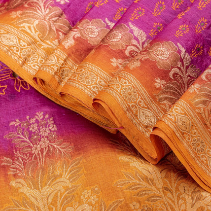 Sanskriti Vintage Pink-Orange Pure Silk Sarees Handblock Print Woven Sari Fabric