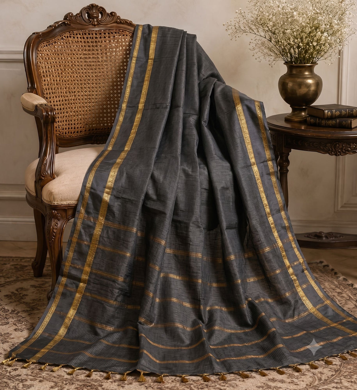 Sanskriti Vintage Maheshwari Zari Hand Woven Saree Art Silk Black Indian Sari