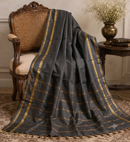 Sanskriti Vintage Maheshwari Zari Hand Woven Saree Art Silk Black Indian Sari