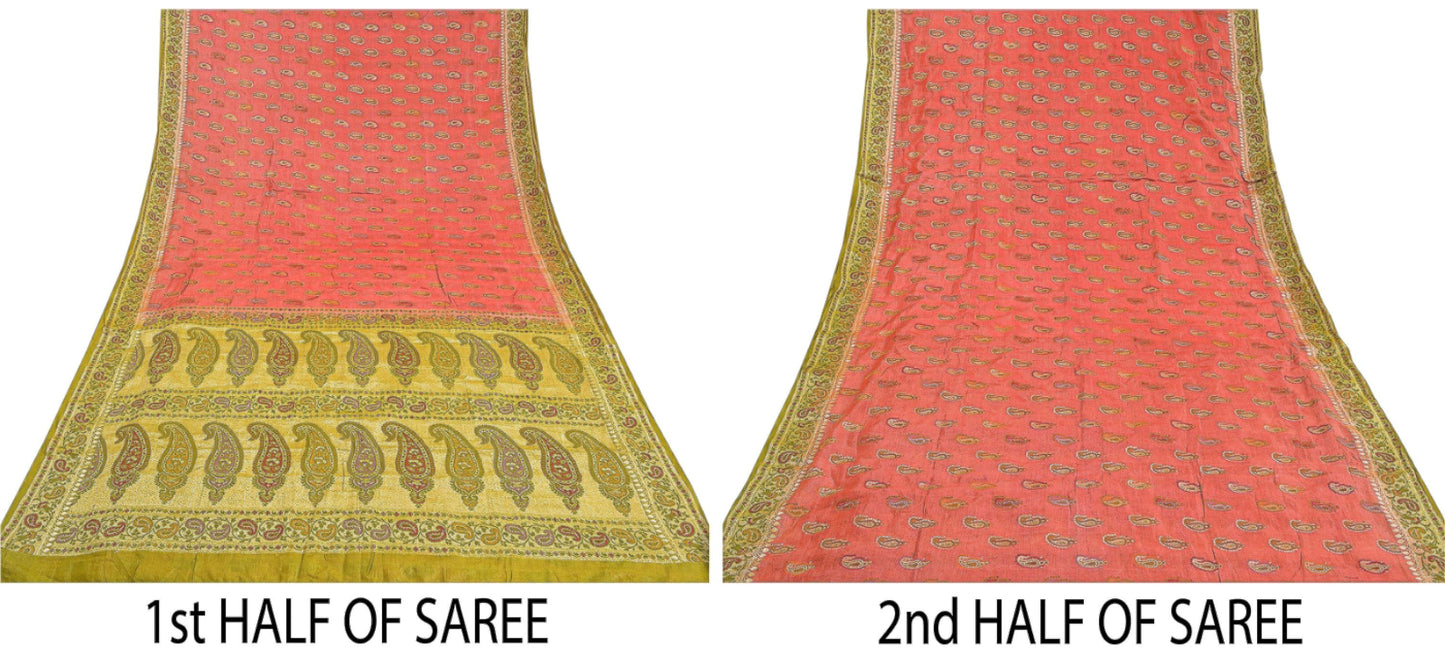 Санскритские винтажные персиковые сари 100% чистый шелк ручной работы премиальная ткань для сари из экологически чистой ткани