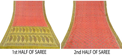 Санскритские винтажные персиковые сари 100% чистый шелк ручной работы премиальная ткань для сари из экологически чистой ткани