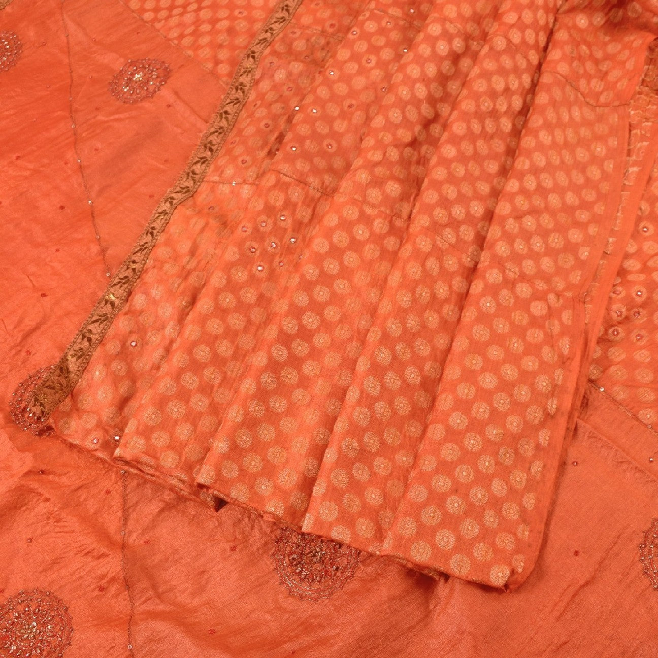 Sanskriti Vintage Hand Beaded Craft Supplies Pure Silk Orange Sarees Woven Sari
