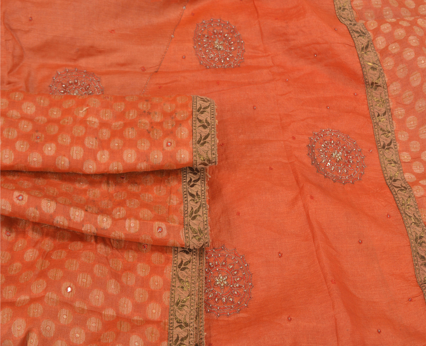 Sanskriti Vintage Hand Beaded Craft Supplies Pure Silk Orange Sarees Woven Sari