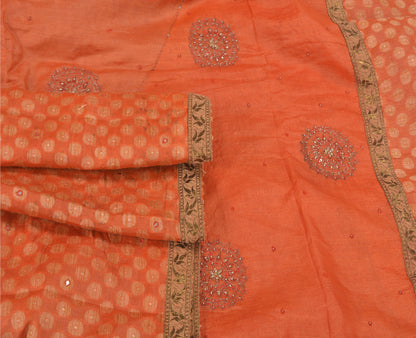 Sanskriti Vintage Hand Beaded Craft Supplies Pure Silk Orange Sarees Woven Sari