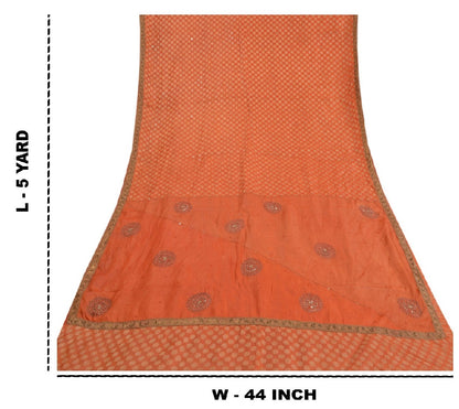 Sanskriti Vintage Hand Beaded Craft Supplies Pure Silk Orange Sarees Woven Sari