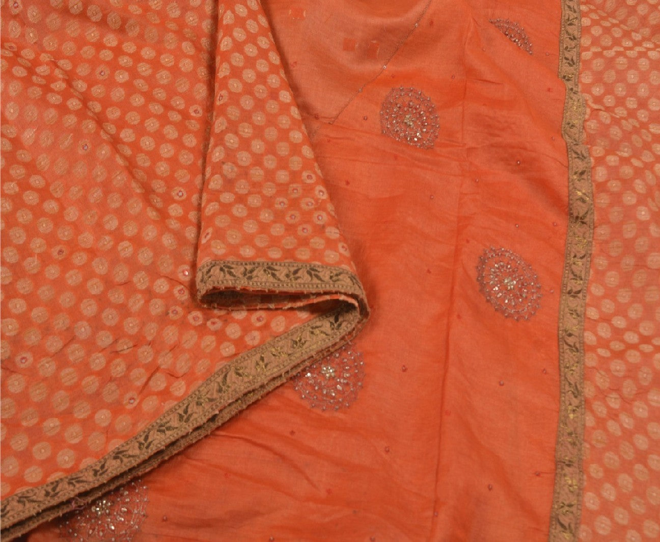 Sanskriti Vintage Hand Beaded Craft Supplies Pure Silk Orange Sarees Woven Sari