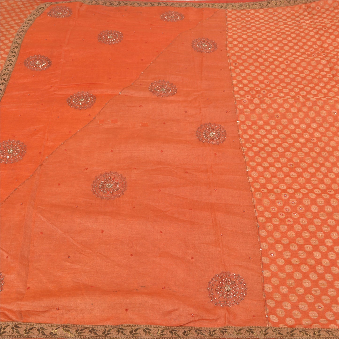 Sanskriti Vintage Hand Beaded Craft Supplies Pure Silk Orange Sarees Woven Sari