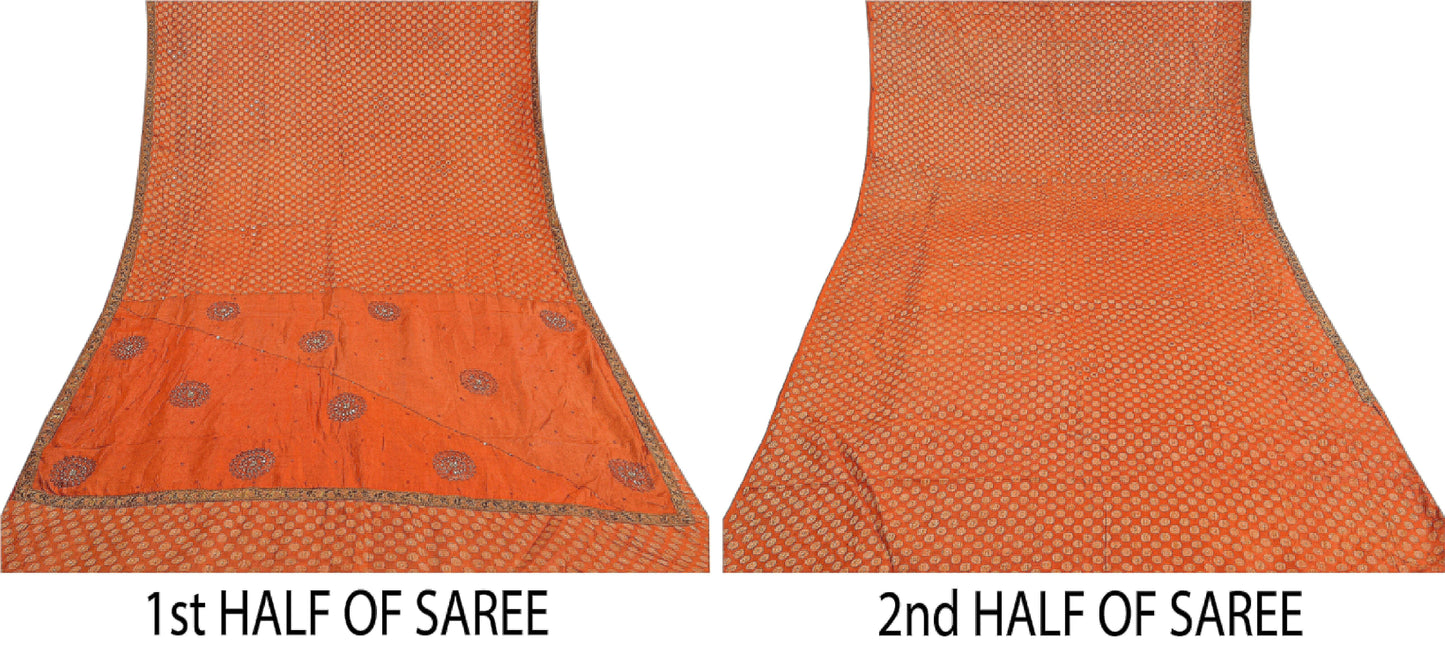 Sanskriti Vintage Hand Beaded Craft Supplies Pure Silk Orange Sarees Woven Sari