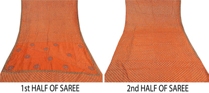 Sanskriti Vintage Hand Beaded Craft Supplies Pure Silk Orange Sarees Woven Sari