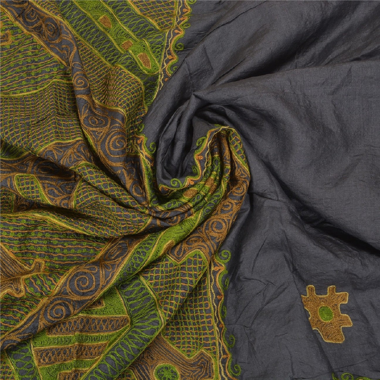Sanskriti Vintage Greyish Black Sarees Pure Silk Handmade Premium Sari Sustainable Fabric