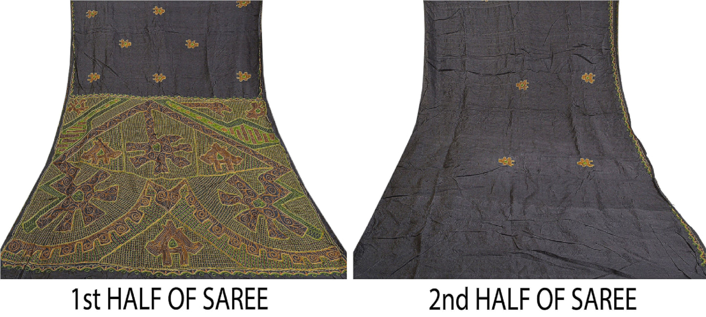 Sanskriti Vintage Greyish Black Sarees Pure Silk Handmade Premium Sari Sustainable Fabric