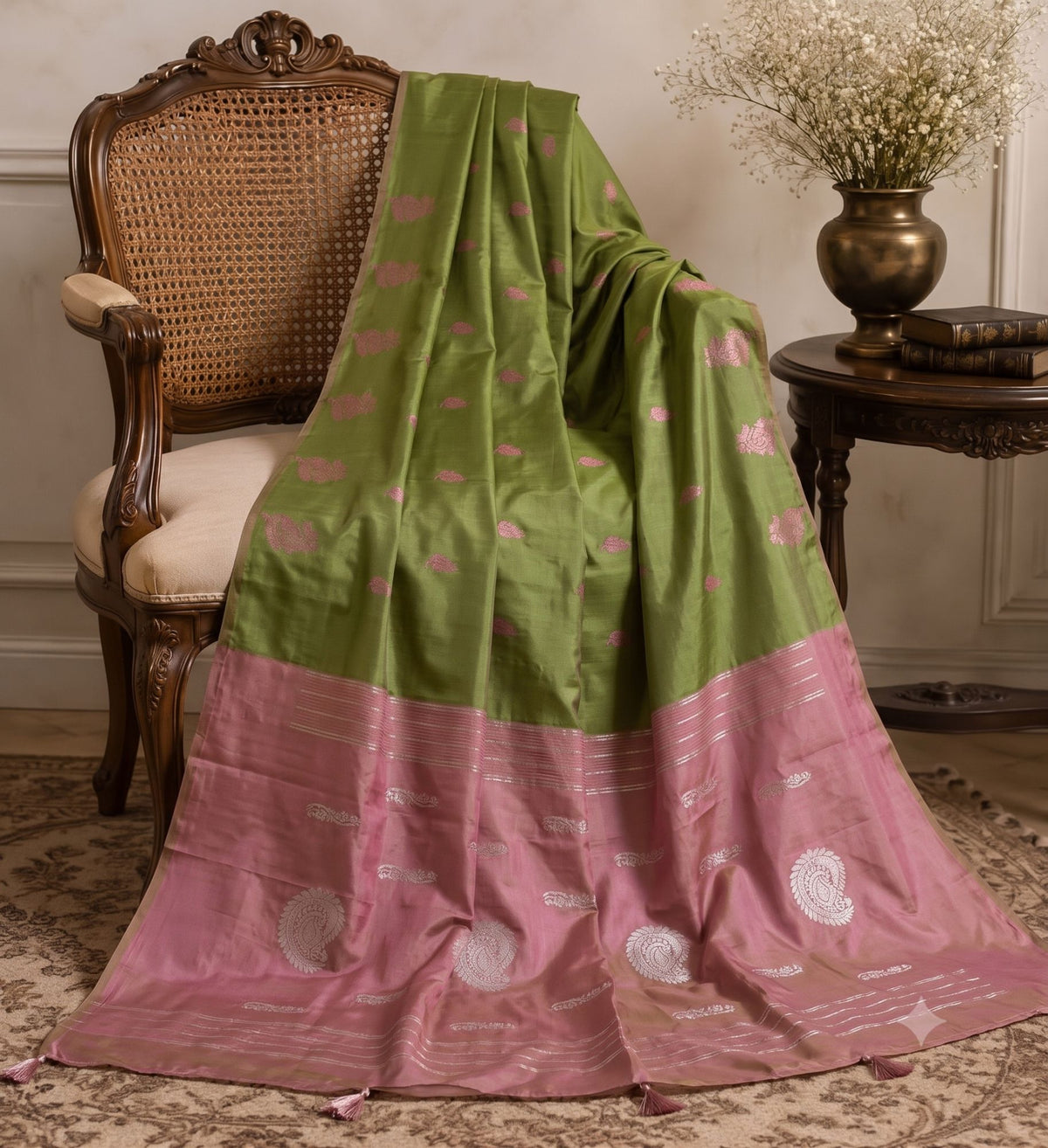 Sanskriti Vintage Maheshwari Zari Woven Art Silk Saree Green Sari Craft Fabric