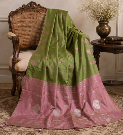 Sanskriti Vintage Maheshwari Zari Woven Art Silk Saree Green Sari Craft Fabric