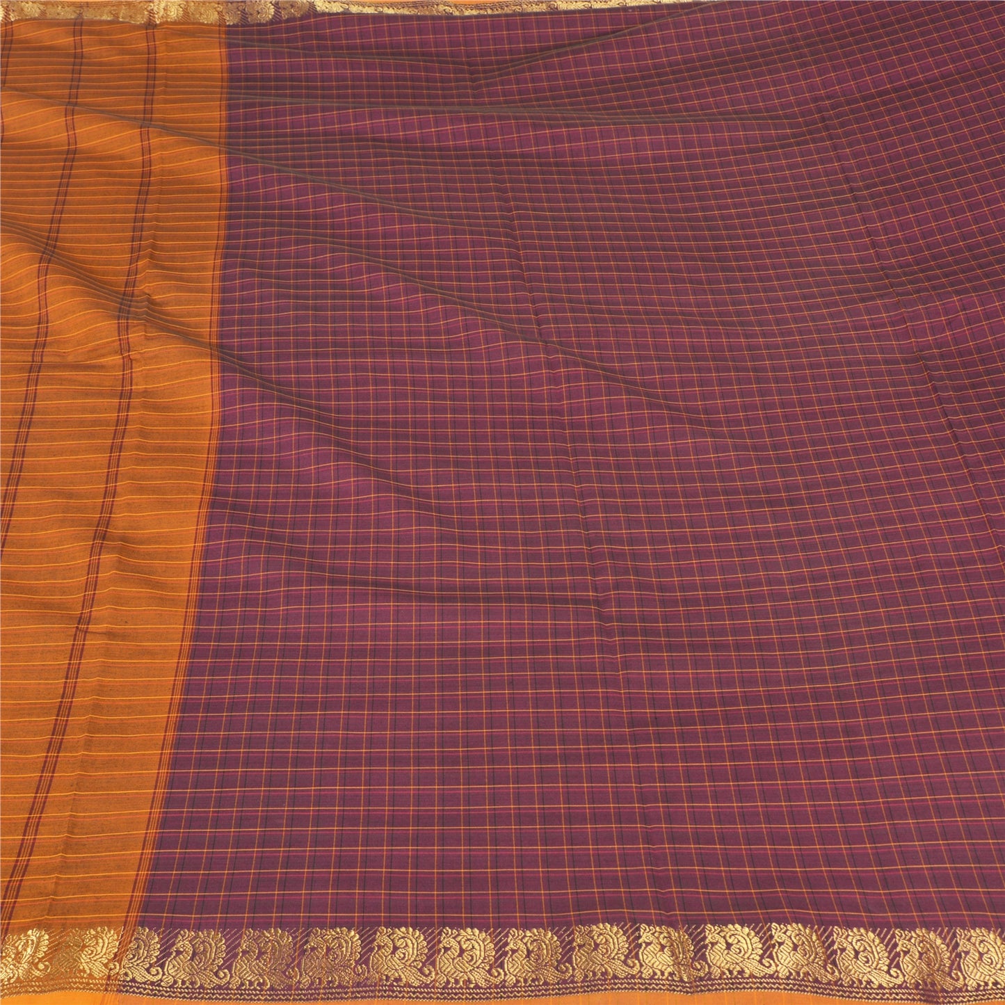 Sanskriti Vintage Woven Ilkal Sari Fabric: Purple Blend Cotton with Peacock Zari From Karnataka Of India Heritage Textile, DIY Projects