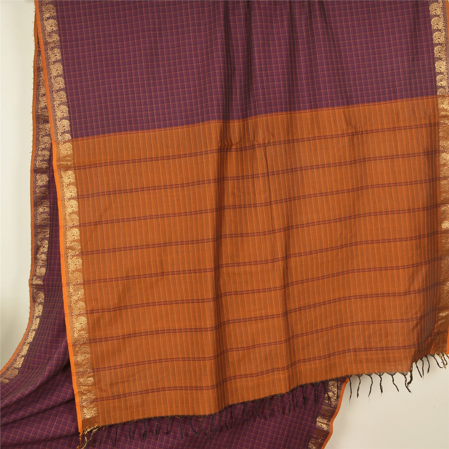 Sanskriti Vintage Woven Ilkal Sari Fabric: Purple Blend Cotton with Peacock Zari From Karnataka Of India Heritage Textile, DIY Projects