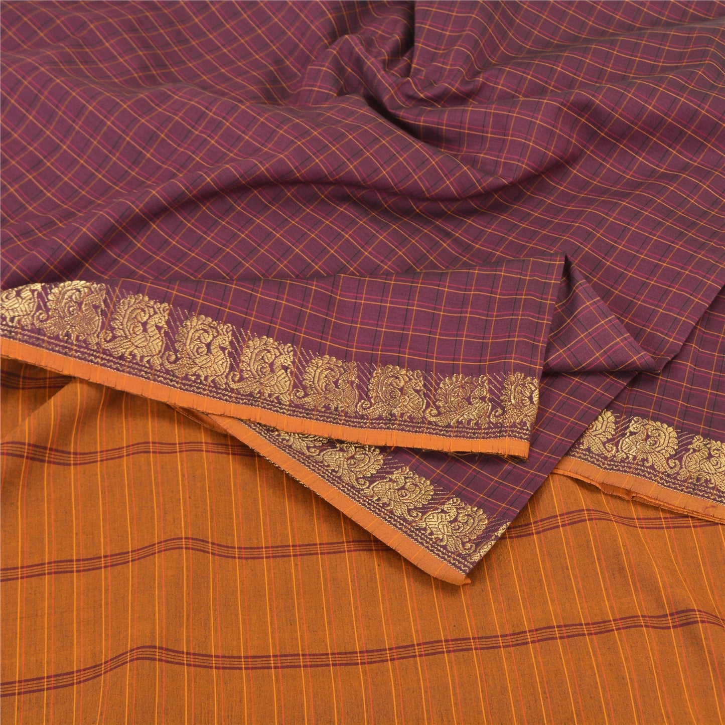 Sanskriti Vintage Woven Ilkal Sari Fabric: Purple Blend Cotton with Peacock Zari From Karnataka Of India Heritage Textile, DIY Projects
