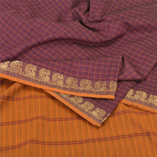 Sanskriti Vintage Woven Ilkal Sari Fabric: Purple Blend Cotton with Peacock Zari From Karnataka Of India Heritage Textile, DIY Projects