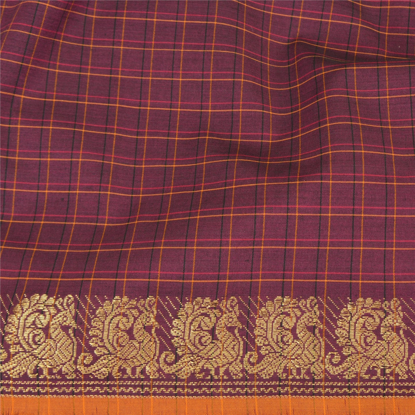 Sanskriti Vintage Woven Ilkal Sari Fabric: Purple Blend Cotton with Peacock Zari From Karnataka Of India Heritage Textile, DIY Projects