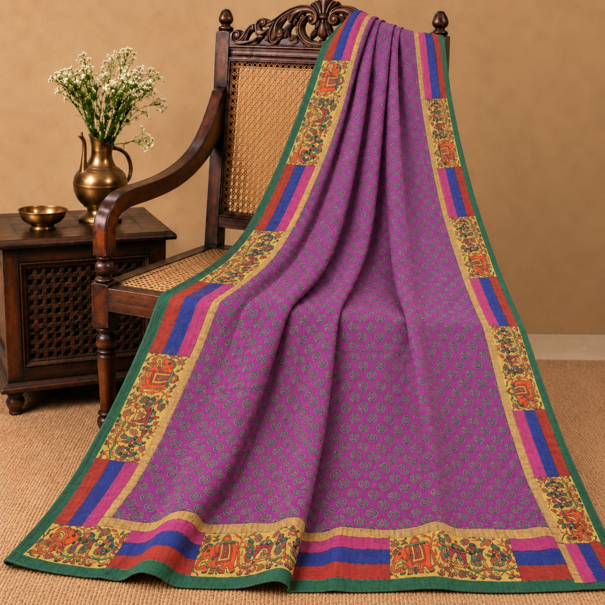 Sanskriti Vintage Embroidery Patch-Print Blend Georgette Saree Purple 5Yd Fabric