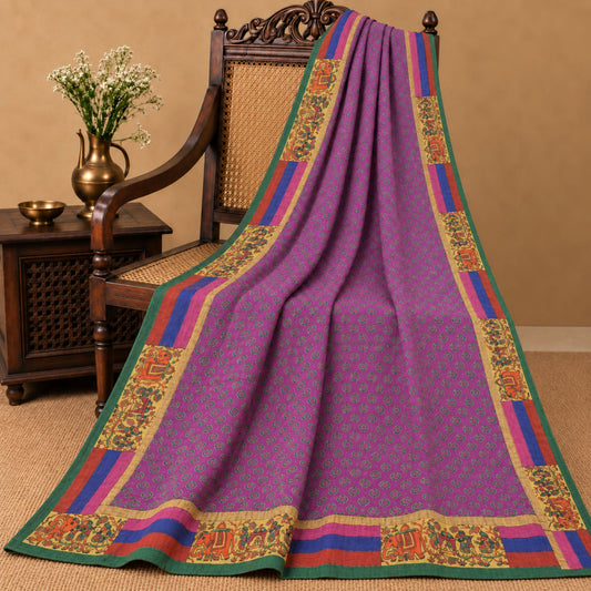 Sanskriti Vintage Embroidery Patch-Print Blend Georgette Saree Purple 5Yd Fabric