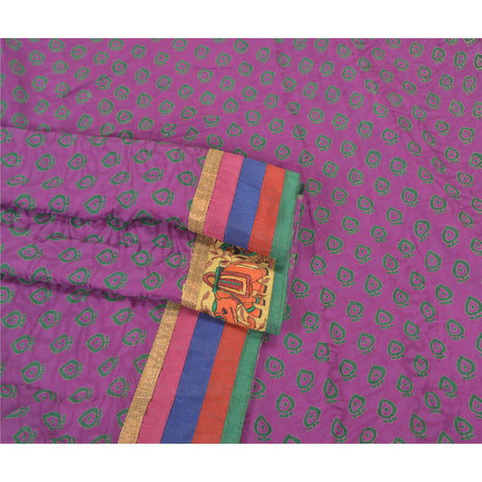 Sanskriti Vintage Embroidery Patch-Print Blend Georgette Saree Purple 5Yd Fabric