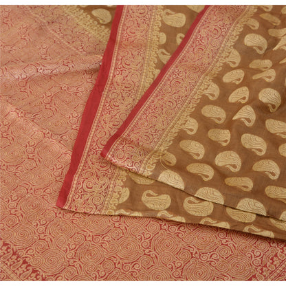 Sanskriti Vintage Brown/Red Sarees Pure Silk Handwoven Premium Sari Craft Fabric