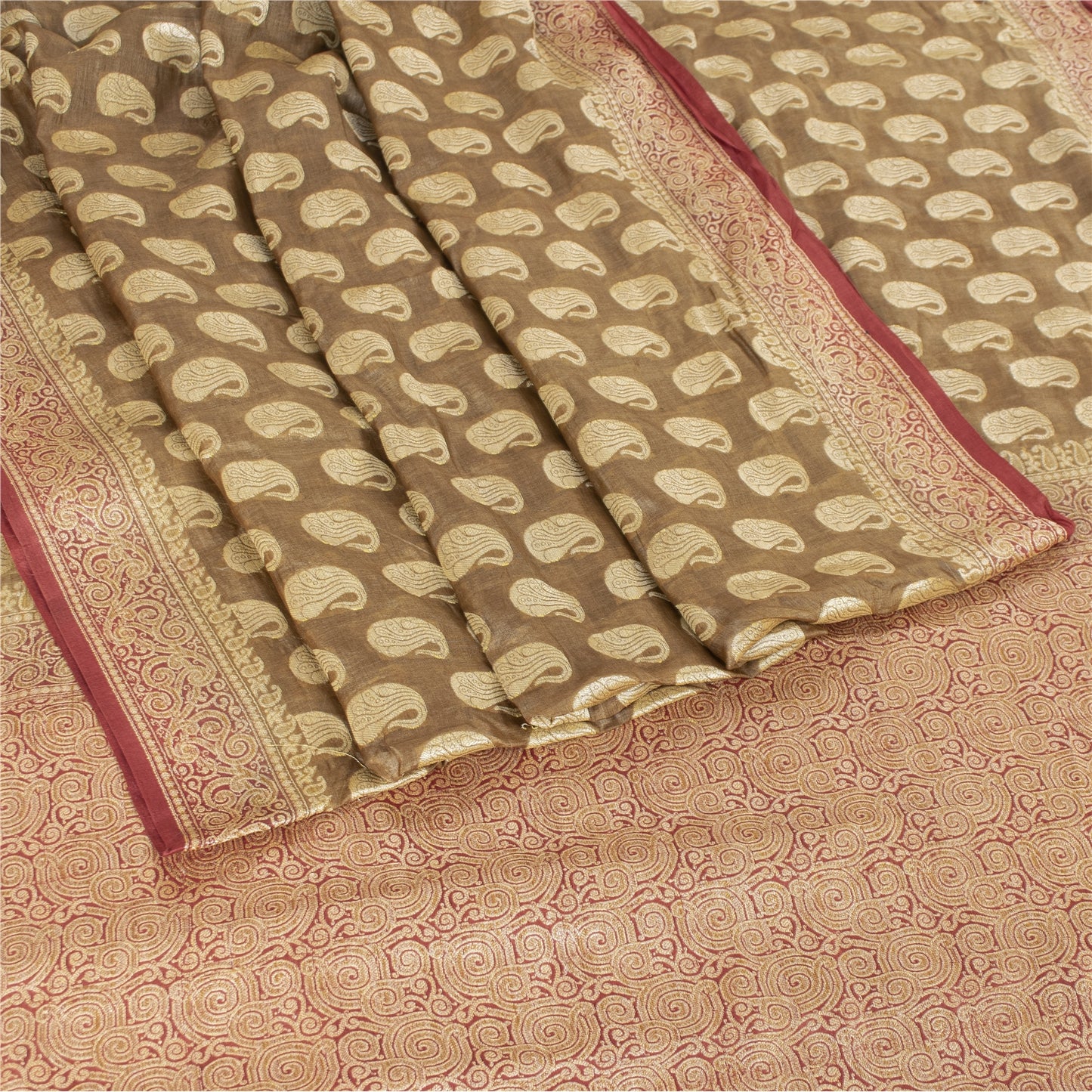 Sanskriti Vintage Brown/Red Sarees Pure Silk Handwoven Premium Sari Craft Fabric